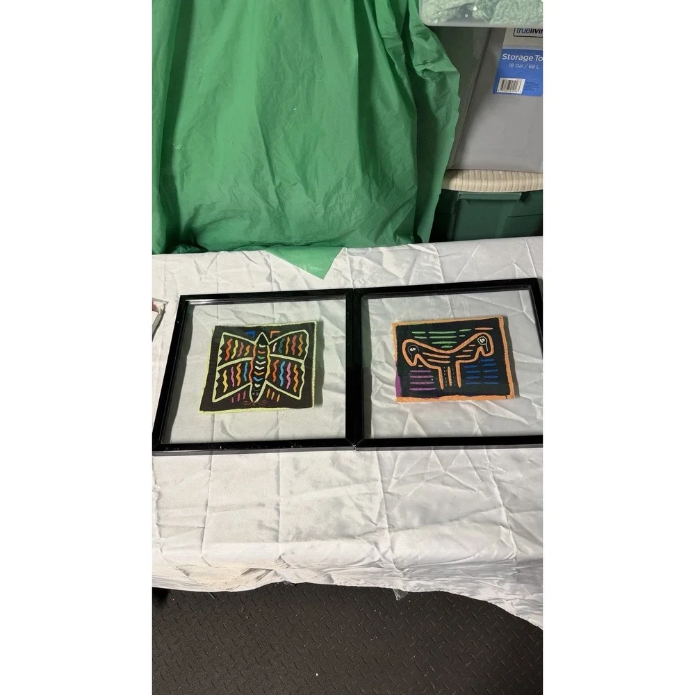 Pair Framed Textile Art Panels Hand Stitched Fabric Folk Style Wall‎ Decor